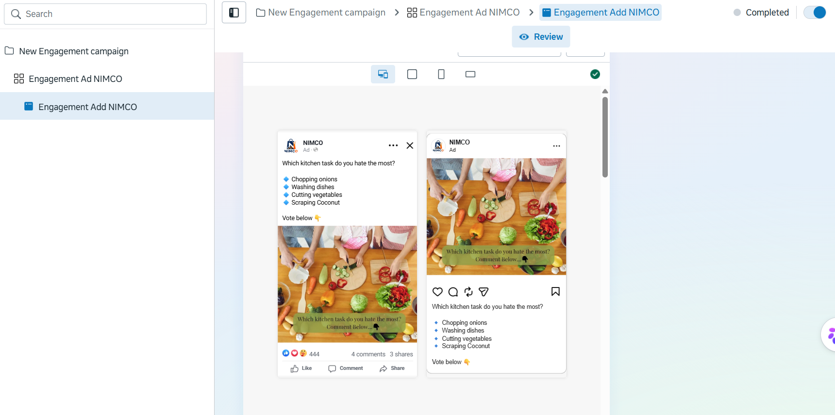 NIMCO engagement campaign previews in Meta Ads Manager