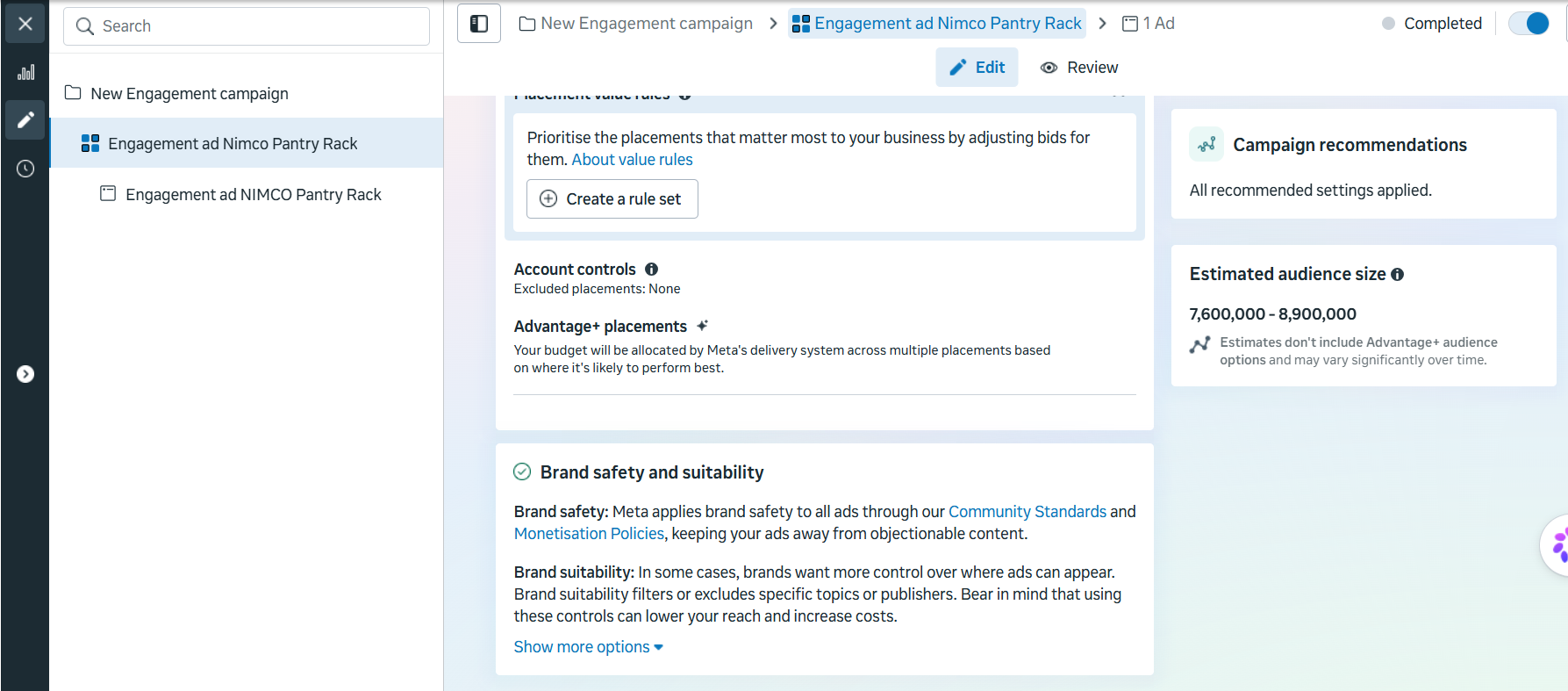NIMCO ad set placement and brand safety settings in Meta Ads Manager