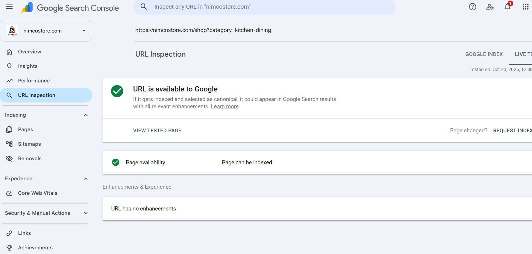 Evidence 7 — Kitchen & Dining live URL test