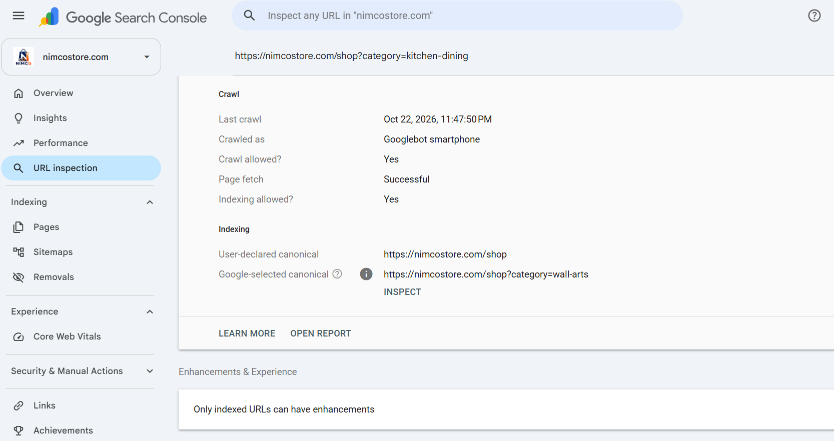Search Console URL inspection showing the Kitchen and Dining canonical mismatch