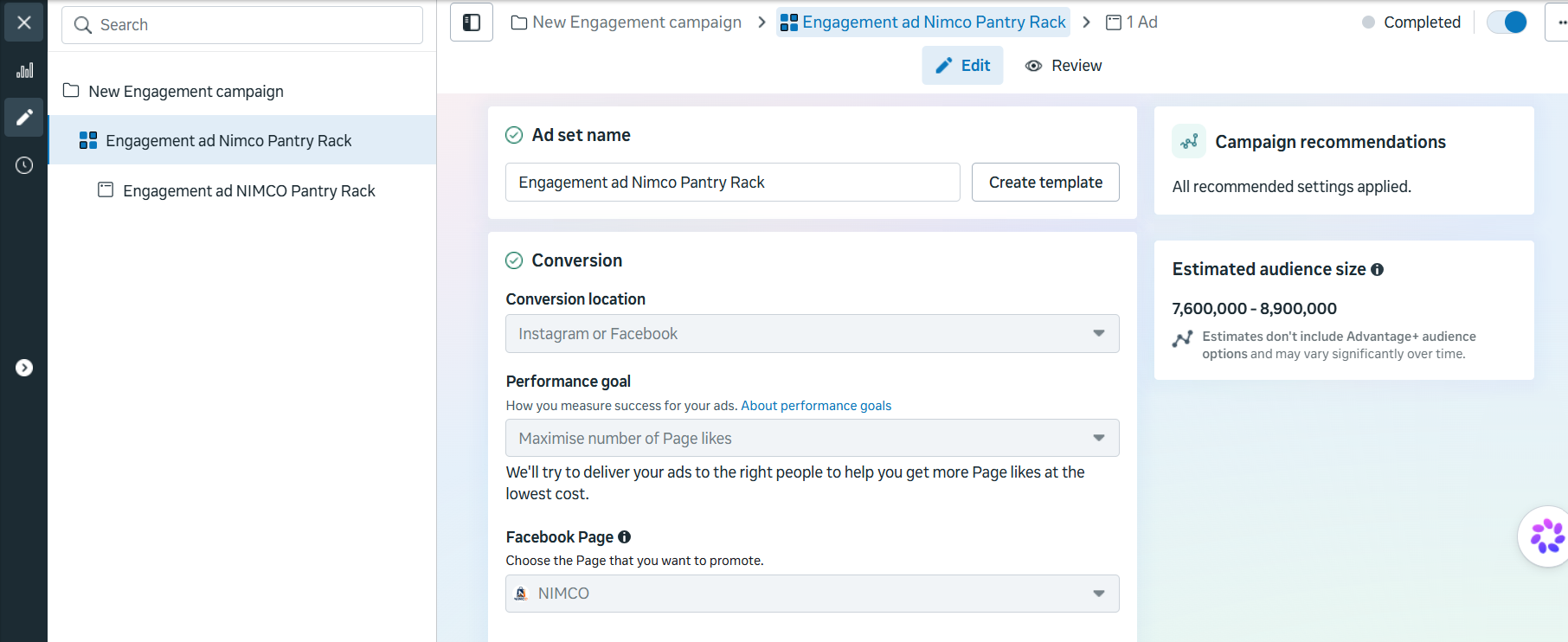 NIMCO ad set conversion location and performance goal setup in Meta Ads Manager