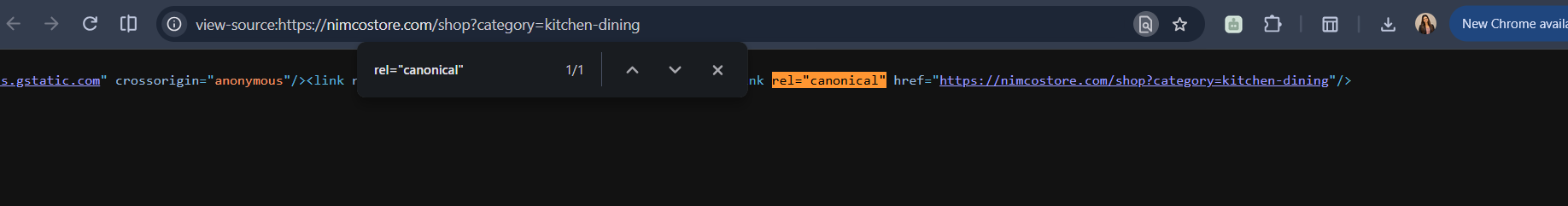 Published Kitchen and Dining page source with a self-referencing canonical URL
