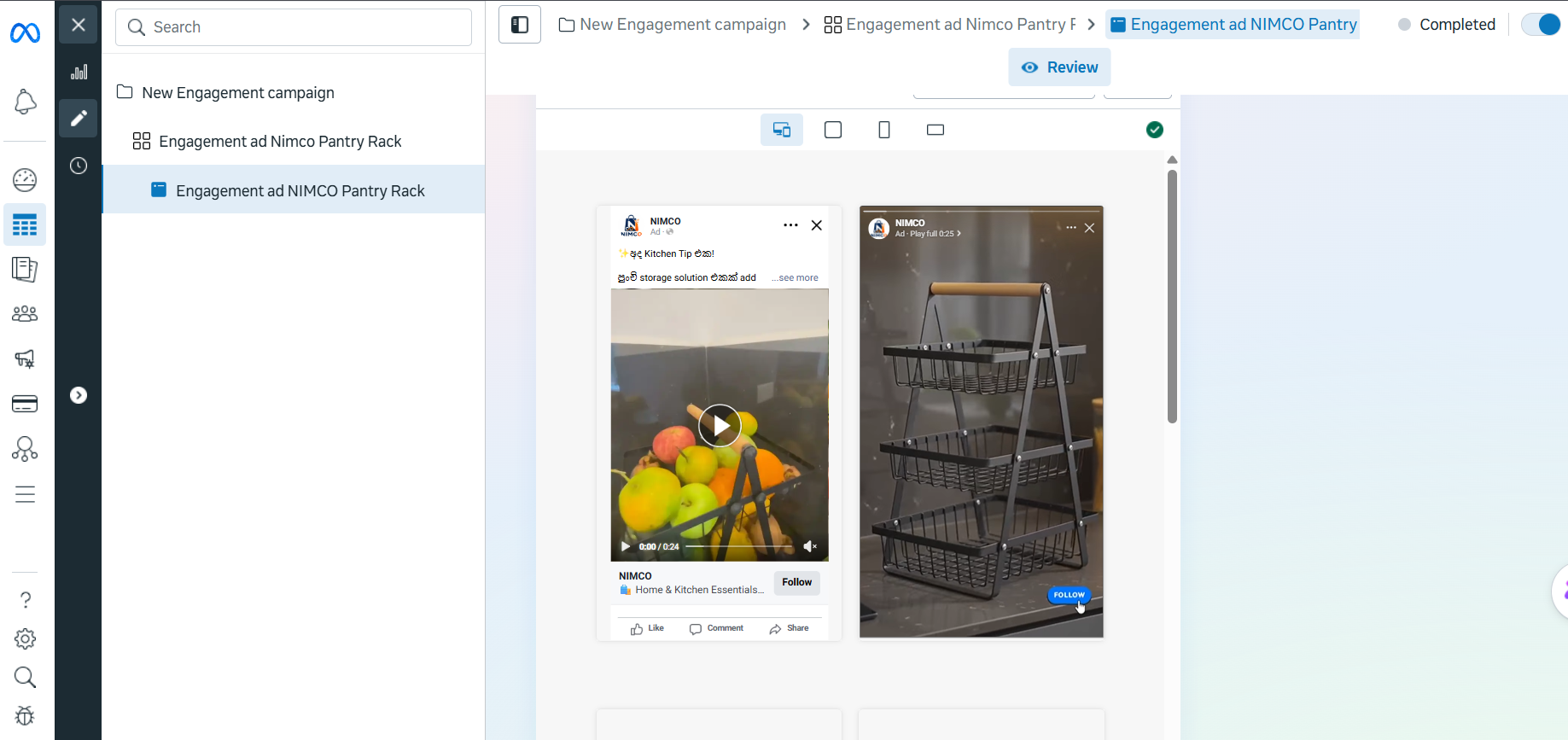 Meta Ads Manager NIMCO pantry rack campaign execution screenshot