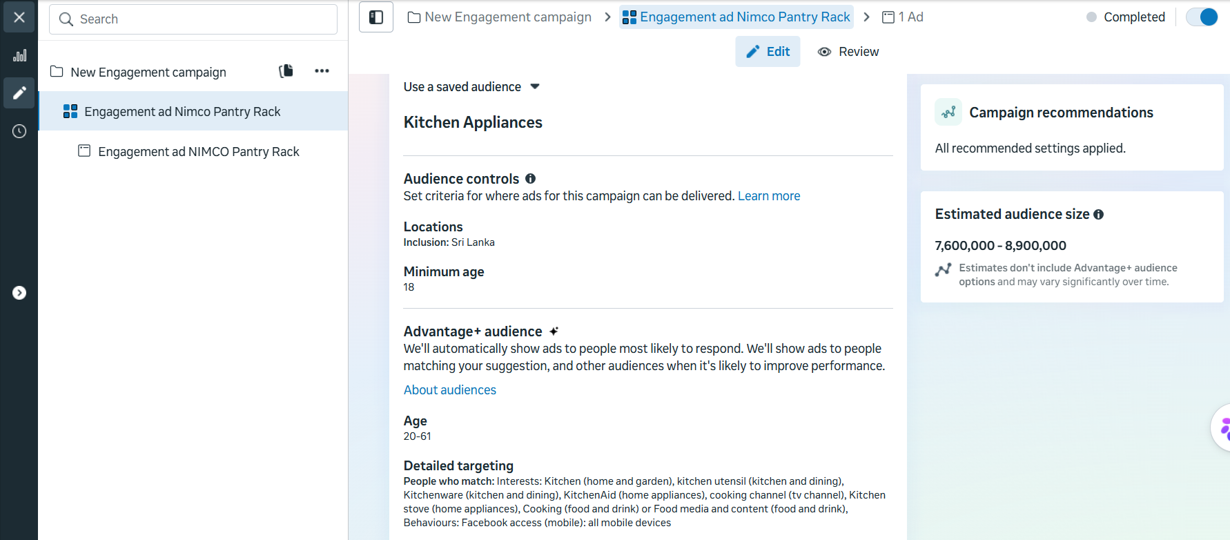 NIMCO ad set audience targeting setup in Meta Ads Manager