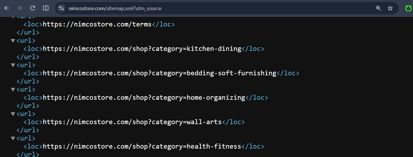 Evidence 6B — Five category URLs in the sitemap
