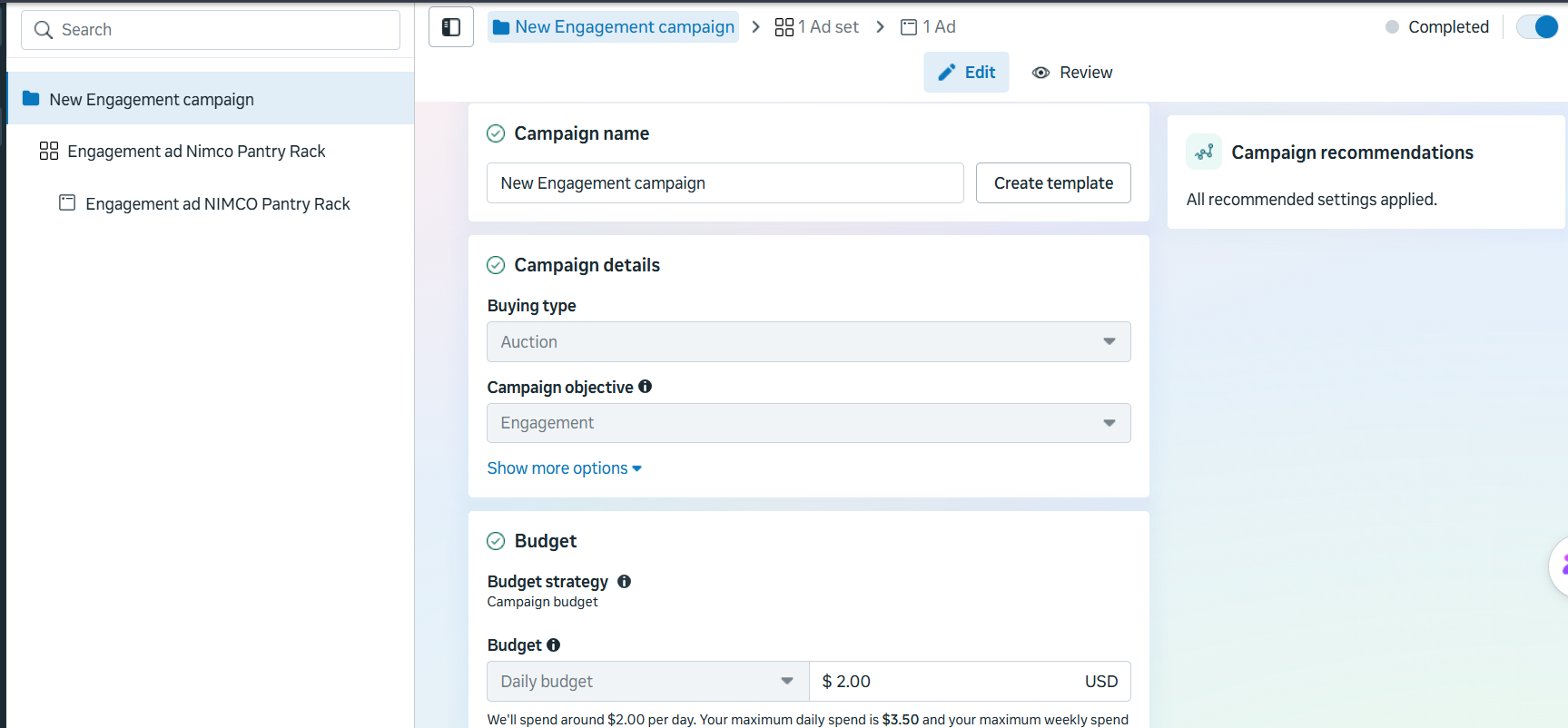 NIMCO campaign details showing Engagement objective and daily budget in Meta Ads Manager