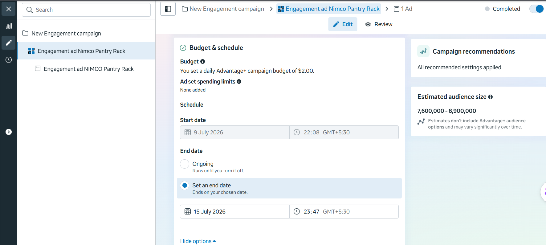 NIMCO ad set budget and schedule setup in Meta Ads Manager